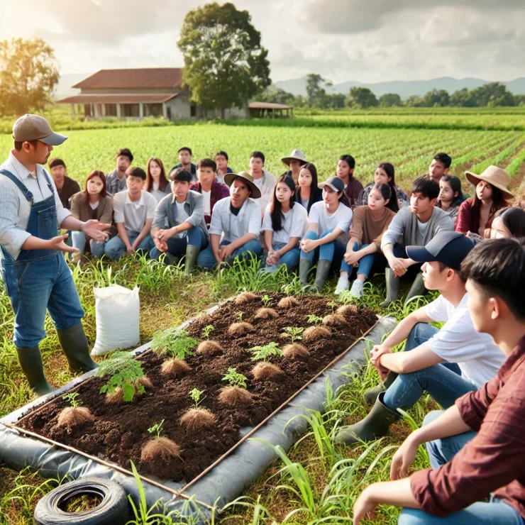DALL·E 2025-03-07 11.04.25 - A group of farmers and students attending an outdoor training session on agroecology. A trainer is explaining sustainable farming techniques, with a d
